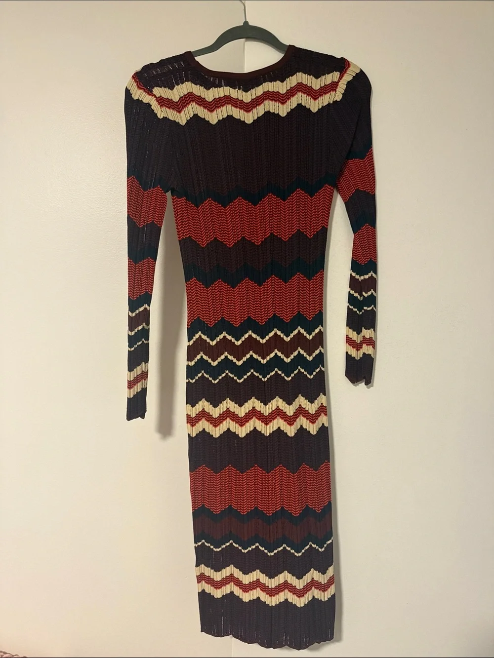 Chevron Ribbed Long-Sleeve Midi Dress - Navy, Red & Cream